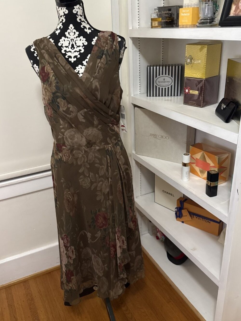 New Vintage Lauren Ralph Lauren 100% Silk Dress Womens 10 Floral Flounce Midi